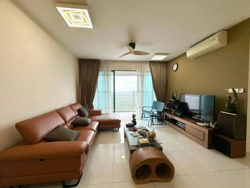 Living features: 3-seater leather sofa in brown, coffee table, TV console, wall-mounted TV, ceiling fan with light, recessed downlights, floor-to-ceiling windows, curtains, decorative wall clock, air conditioning unit, ceramic tile flooring, accent wall in dark brown, area rug; style: modern; view: city.