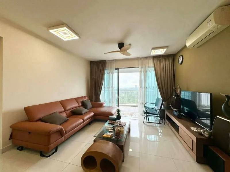 Living features: 3-seater leather sofa in brown, coffee table with glass top, TV console with storage, wall-mounted TV, ceiling fan with light, recessed LED downlights, floor-to-ceiling windows, sheer curtains, tiles flooring in white, decorative wall with TV, area rug, decorative items on console; style: modern; view: city.