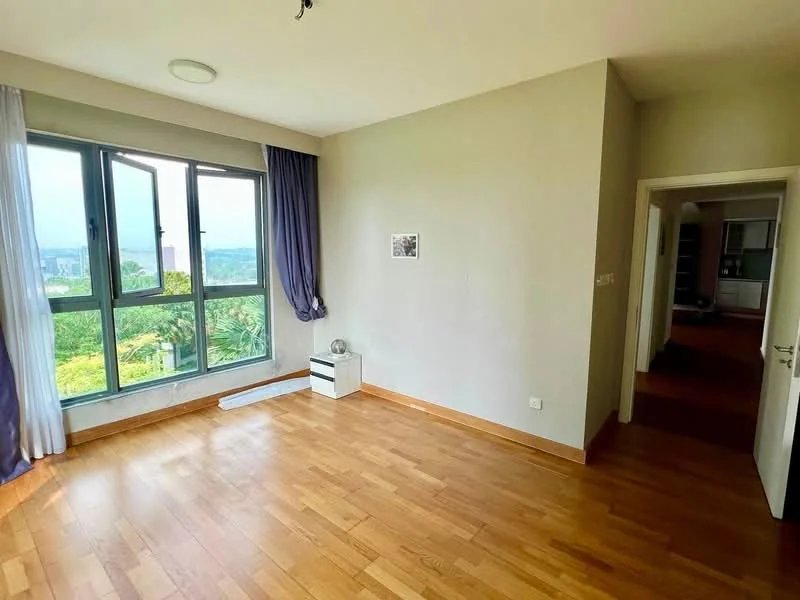 Living features: large floor-to-ceiling windows, wooden flooring, light grey painted walls, curtains in dark purple, white baseboards, white ceiling, recessed lighting, decorative wall art, view of greenery outside; style: modern; view: garden.