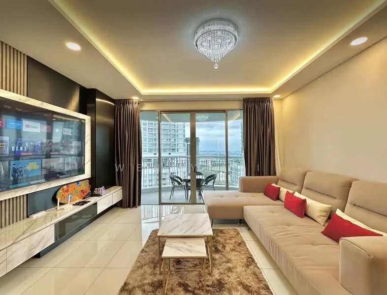 Living features: L-shape sectional sofa in beige, coffee table with marble top, wall-mounted TV, TV console with decorative elements, floor-to-ceiling windows, sliding glass door, sheer curtains, recessed LED downlights, chandelier, decorative wall paneling, area rug with geometric pattern, balcony view, cream painted walls, glossy tile flooring; style: modern; view: city.