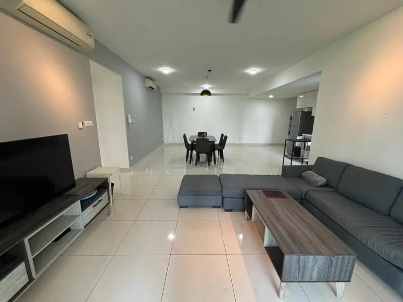 Living features: large grey sectional sofa, coffee table with wood finish, wall-mounted TV, TV console with storage, white painted walls, grey accent wall, recessed downlights, 5-blade ceiling fan, dining table for four, ceramic tile flooring, air conditioning unit; style: modern.