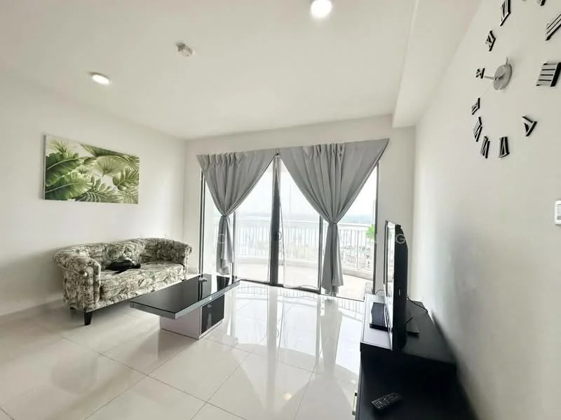 Living features: floral patterned fabric sofa, glass coffee table, wall-mounted TV, white painted walls, white tiled flooring, floor-to-ceiling sliding glass doors, grey curtains, decorative wall clock, recessed downlights; style: modern; view: garden.