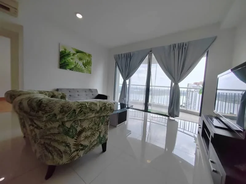 Living features: 3-seater fabric sofa with floral pattern, glass coffee table, TV console, wall-mounted TV, floor-to-ceiling windows, sheer curtains, grey accent wall, polished tile flooring, recessed downlights, air conditioning unit; style: modern; view: city.