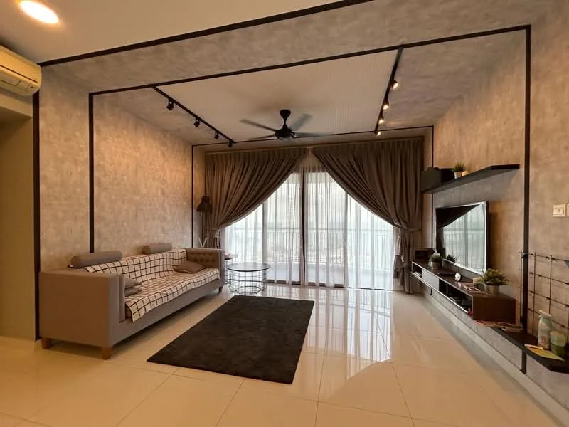 Living features: 3-seater fabric sofa in light grey, coffee table with metal frame, area rug in dark grey, wall-mounted TV, entertainment unit with shelving, floor-to-ceiling windows, sheer curtains, blackout curtains, ceiling fan with light, recessed downlights, textured wallpaper in light grey, tile flooring in white, decorative plants on shelves; style: modern; view: city.