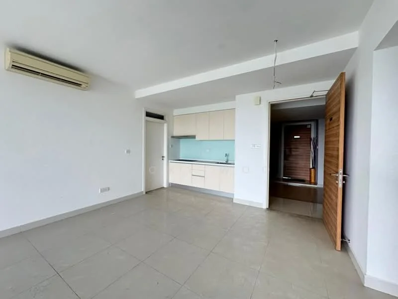 Living features: white painted walls, tile flooring, 1 wall-mounted split AC, recessed downlights, open kitchen layout, kitchen cabinetry with light wood finish, glass backsplash, door leading to hallway, door frame with wood finish; style: modern.