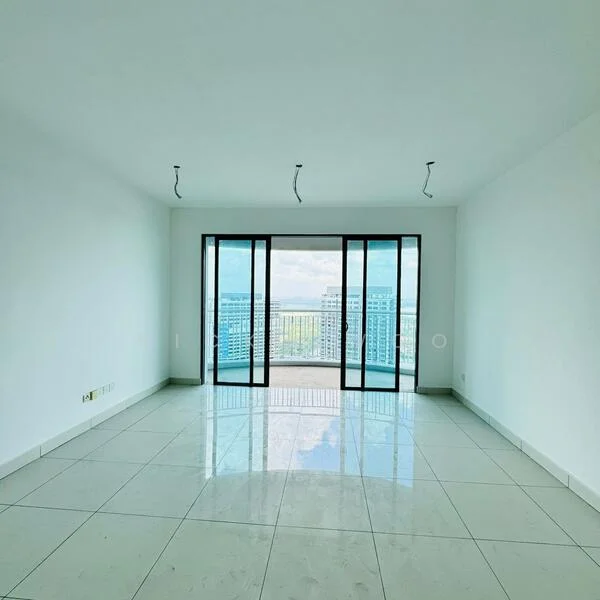 Living features: white painted walls, glossy tile flooring, floor-to-ceiling windows, city view, recessed downlights, open layout, no visible furniture, minimalist design; style: modern; view: city.