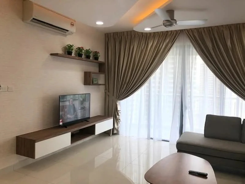 Living features: 3-seater fabric sofa in grey, wooden coffee table, TV console with wall-mounted TV, floor-to-ceiling windows with sheer curtains, recessed downlights, ceiling fan, cream painted walls, glossy tile flooring, shelves with potted plants; style: modern; view: city.