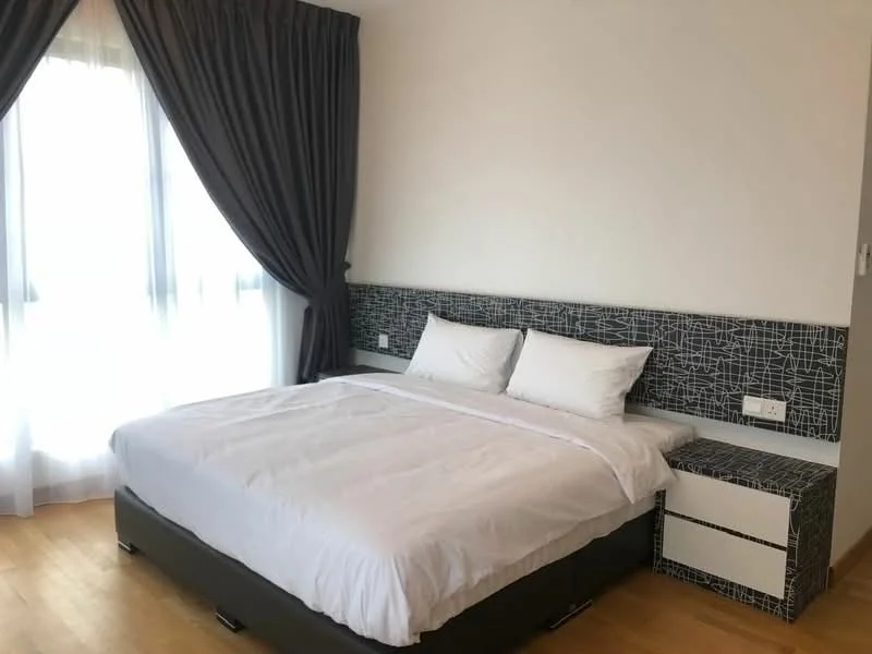 Bedroom features: king-size bed with white bedding, upholstered headboard, nightstand with drawer, floor-to-ceiling windows, sheer curtains, dark grey curtains, wooden flooring, decorative wall panel with geometric pattern; style: modern.