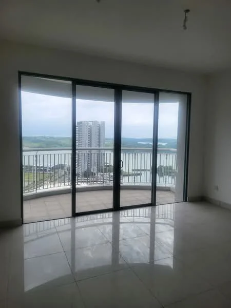 Room features: floor-to-ceiling sliding glass doors, marble tile flooring, white painted walls, city skyline view, balcony access; style: modern; view: city.