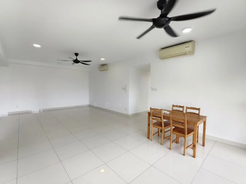 Living features: white painted walls, glossy white tile flooring, 2 ceiling fans, 2 wall-mounted air conditioning units, 4-seater wooden dining table, natural light from windows, open layout, no visible decor; style: modern.