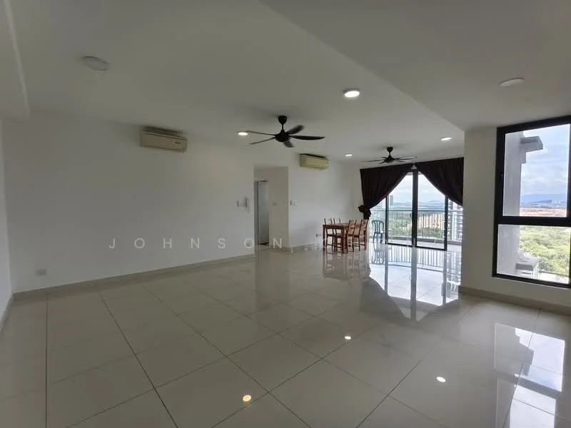 Living features: white painted walls, glossy ceramic tile flooring, recessed downlights, 2 ceiling fans, floor-to-ceiling windows, sliding glass door, curtains, dining table with chairs, balcony view; style: modern; view: city.