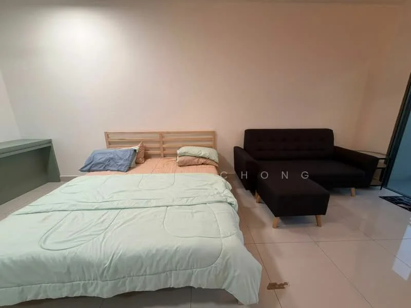 Bedroom features: queen-size bed with wooden headboard, light green bedding, black fabric sofa, white walls, glossy tile flooring, small side table, window with no visible treatment, built-in shelf or desk, decorative wall art; style: modern.