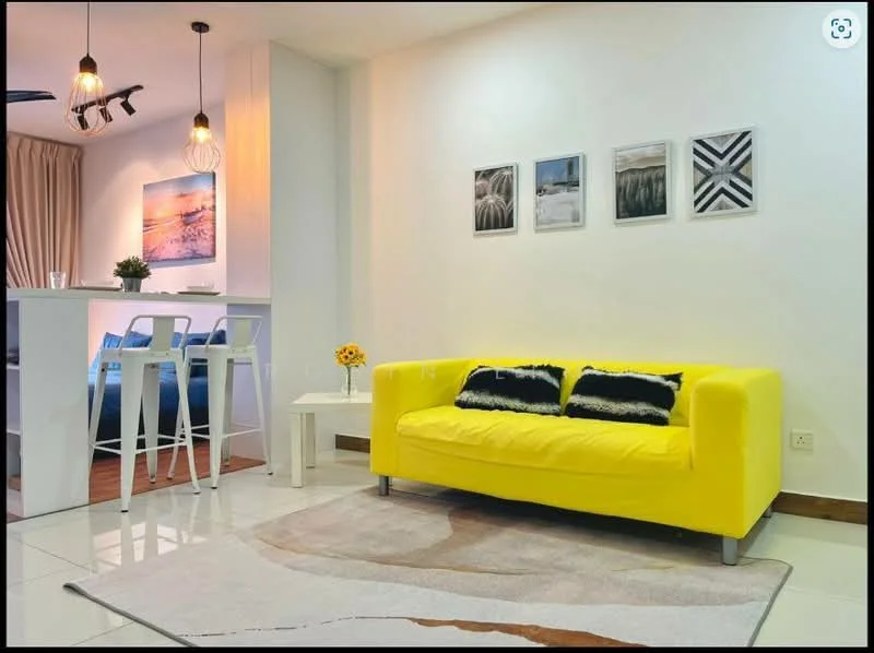 Living features: yellow fabric sofa, two black and white cushions, area rug with geometric pattern, white coffee table, four white bar stools, pendant lighting, wall-mounted artwork, white painted walls, laminate flooring, recessed downlights; style: modern.