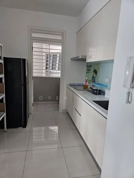 Kitchen features: white cabinetry, black countertop, stainless-steel fridge, built-in sink, chrome faucet, glass backsplash, tile flooring, window with grille, open shelving, wall-mounted storage, light-colored walls, recessed lighting; style: modern.