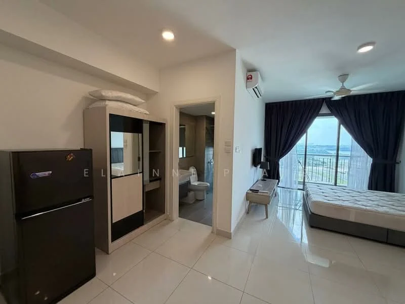 Room features: white painted walls, glossy tile flooring, ceiling fan, wall-mounted split AC, queen-size bed, bedside table, fridge, built-in wardrobe, floor-to-ceiling windows, blackout curtains, view of city skyline; style: modern; view: city.