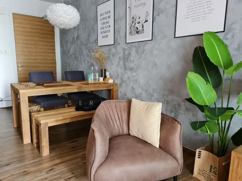 Dining features: wooden dining table, 4 wooden dining chairs, decorative wall art, grey accent wall with texture, light fixture with fluffy design, potted plant, laminate flooring, brown upholstered armchair with cushion; style: modern.