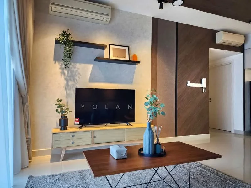 Living features: light grey painted walls, dark wood accent wall, floor-to-ceiling windows with sheer curtains, light-colored sofa, wooden coffee table, area rug with soft texture, TV console in light wood, flat-screen TV, decorative plants, vase on coffee table, wall-mounted air conditioning unit, recessed ceiling lights; style: modern.