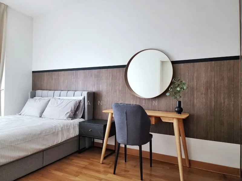 Bedroom features: queen-size bed with grey upholstered headboard, white bedding, wood panel accent wall in brown, white painted walls, round mirror above wooden desk, wooden desk, grey upholstered chair, laminate flooring, floor-to-ceiling window with sheer curtains; style: modern.