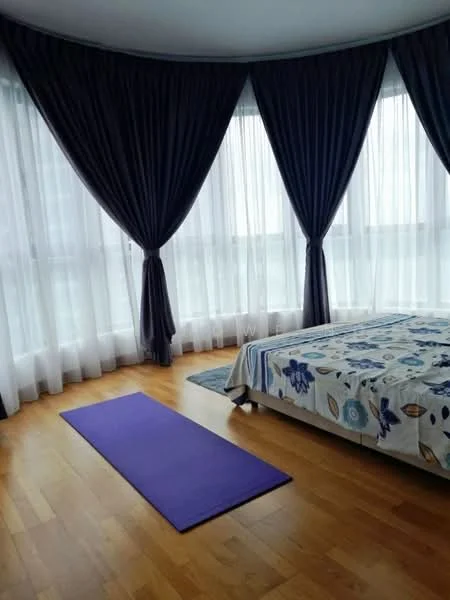Bedroom features: queen-size bed with floral bedding, wooden flooring, floor-to-ceiling windows, sheer curtains, dark purple drapes, yoga mat in purple, decorative area rug, wall-mounted artwork; style: modern; view: city.