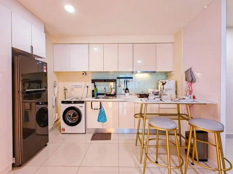 Kitchen features: white cabinetry with flat-panel doors, stainless-steel refrigerator, built-in oven, 4-burner gas hob, stainless-steel sink, chrome pull-down faucet, white quartz countertop, bar seating with gold stools, washing machine, tile flooring, under-cabinet lighting, wall-mounted kitchen accessories; style: modern.