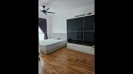 Bedroom features: queen-size bed, upholstered headboard, wooden flooring, ceiling fan, black sliding wardrobe, white bedside table, curtains, window with natural light; style: modern.