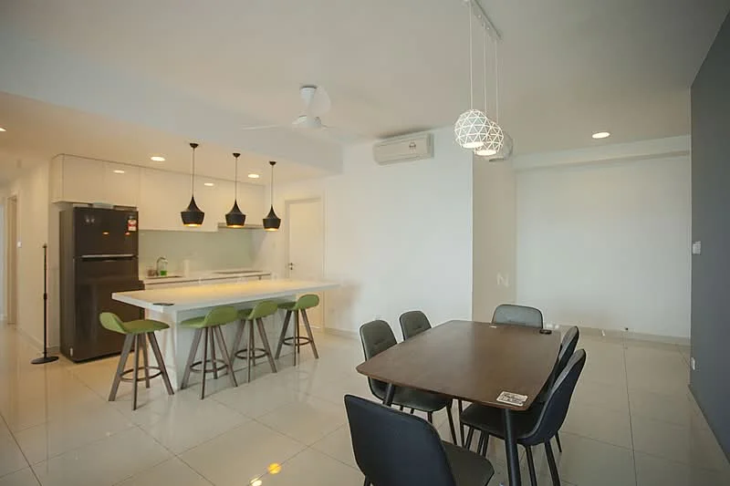 Dining features: dining table with dark wood finish, 6 upholstered dining chairs in black, pendant lighting above dining table, white walls, tile flooring, air conditioning unit on wall, open-plan layout to kitchen, floor-to-ceiling windows, green bar stools at kitchen counter; style: modern. Kitchen features: white cabinetry, kitchen island with white countertop, black refrigerator, stainless-steel sink, chrome faucet, pendant lights above kitchen island, built-in oven, 4-burner gas hob, open shelving, tile backsplash; style: modern.