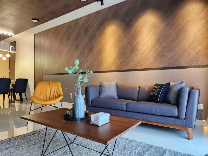 Living features: grey fabric sofa, wooden legs on sofa, orange accent chair, wooden coffee table, area rug, decorative vase, wall-mounted lighting, textured wall panel, recessed ceiling lights, dining area visible in background; style: modern.