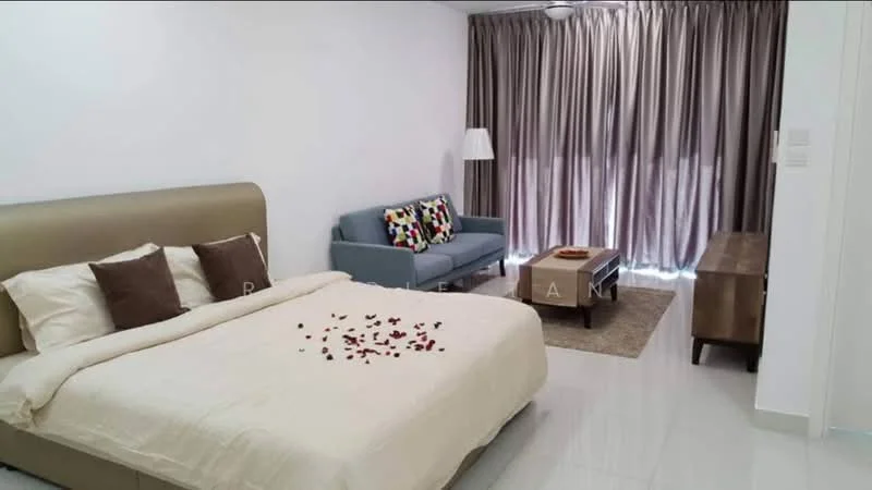Bedroom features: king-size bed with upholstered headboard, white bedding with decorative throw pillows, wooden bedside table, table lamp, sofa in grey fabric, coffee table, area rug, floor-to-ceiling curtains, wall-mounted ceiling light, white painted walls, glossy tile flooring; style: modern.