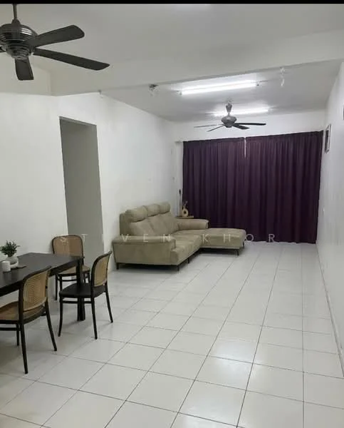 Living features: cream painted walls, white tiled flooring, 5-blade ceiling fan, 2-seater fabric sofa in beige, sectional sofa, coffee table, dining table with 4 chairs, curtains in dark purple, recessed lighting; style: modern.