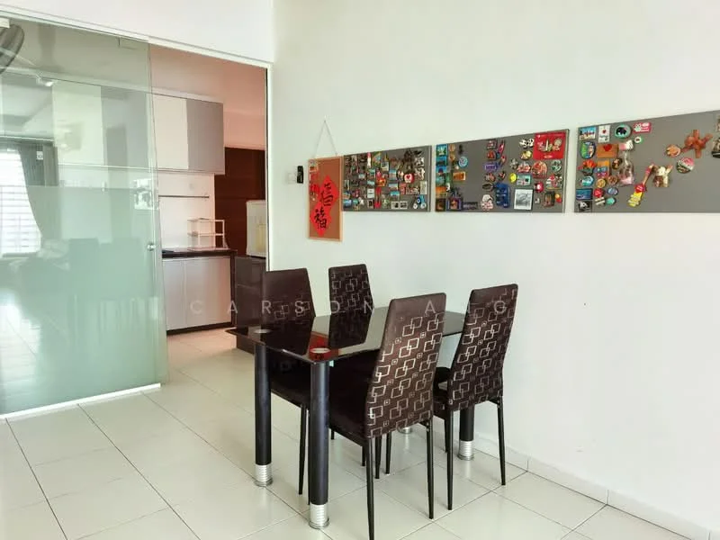Dining features: 4 upholstered dining chairs with patterned fabric, rectangular dining table, white tiled flooring, decorative wall with various magnets, glass partition separating dining area from kitchen, neutral painted walls, natural light from adjacent room; style: modern.