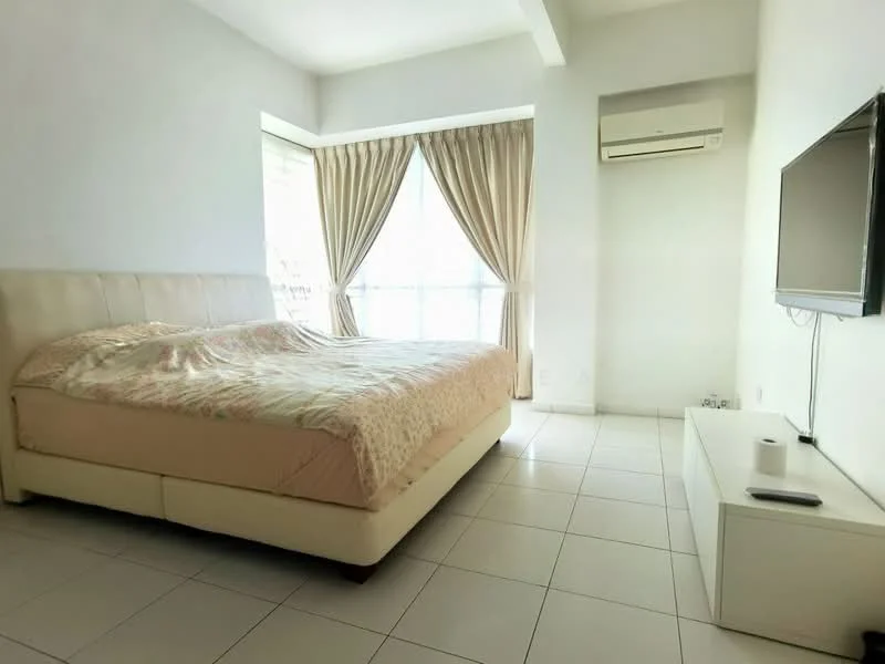 Bedroom features: king-size bed with upholstered headboard, floor-to-ceiling windows, sheer curtains, white painted walls, tile flooring, wall-mounted TV, TV console, 1 wall-mounted split AC; style: modern.