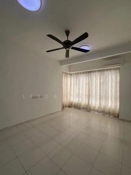 Living features: white painted walls, tile flooring, 5-blade ceiling fan, floor-to-ceiling windows, sheer curtains, wall-mounted split AC, natural light from windows, neutral color scheme; style: modern.