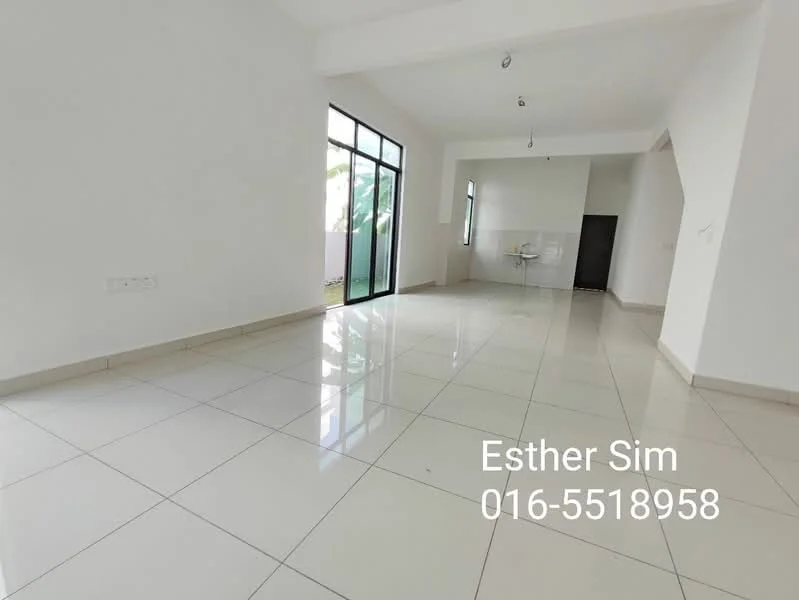 Room features: white painted walls, glossy ceramic tile flooring, large windows with black frames, high ceiling, recessed downlights, open layout, neutral color scheme, minimalist design; style: modern; view: garden.