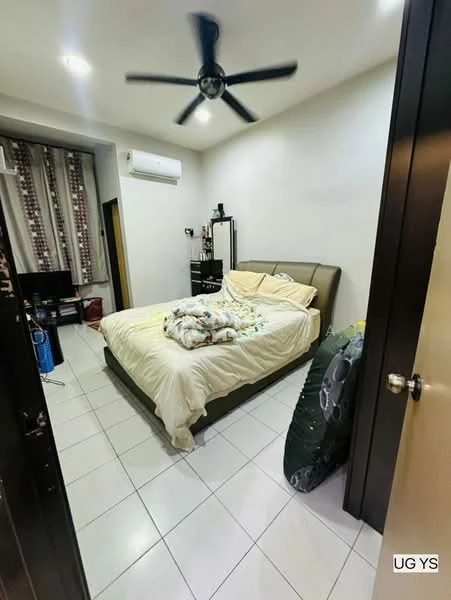 Bedroom features: king-size bed with beige bedding, 5-blade ceiling fan, white painted walls, tile flooring, window with sheer curtains, built-in wardrobe, wall-mounted air conditioning unit, decorative mirror, nightstand with lamp; style: modern.