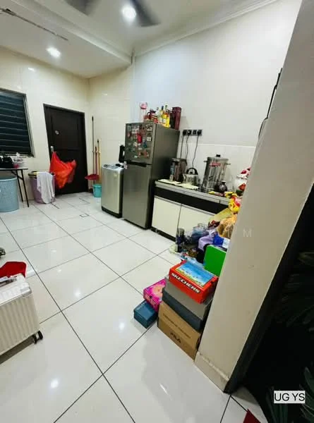 Kitchen features: white tiled walls, glossy white cabinetry, stainless-steel fridge, built-in countertop with storage, kettle, toaster, microwave, multiple kitchen appliances, ceramic tile flooring, ceiling fan, window with grill, various kitchen items on countertop, boxes on the floor; style: modern.