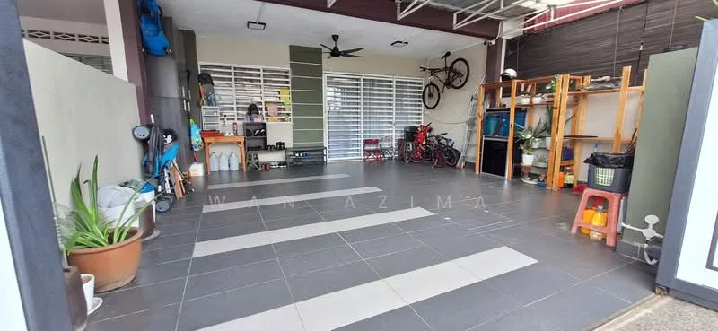 Exterior type: car porch; features: tiled flooring, ceiling fan, wall-mounted storage shelves, bicycle storage, potted plants, multiple storage containers, open layout, natural light from windows, sliding glass door, painted walls; style: modern.