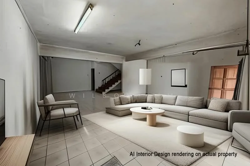 Living features: large sectional sofa in light grey fabric, round coffee table with white top, flat-screen TV on console, tile flooring in light beige, white walls, recessed ceiling lights, floor-to-ceiling curtains, staircase visible in background, decorative wall art, light fixture on ceiling; style: modern.
