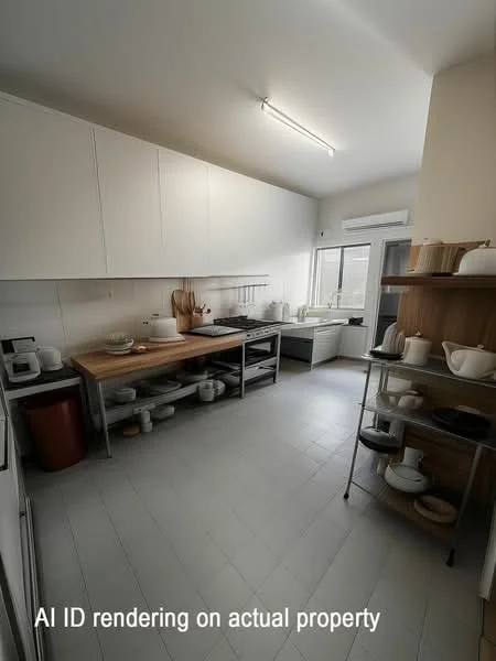 Kitchen features: white cabinetry with flat-panel doors, wooden countertop, stainless-steel gas stove, built-in oven, white ceramic sink, chrome pull-down faucet, open shelving with dishware, white tile backsplash, grey tile flooring, recessed ceiling lights, window with sheer curtains, kitchen island with seating, microwave, dishwasher; style: modern.