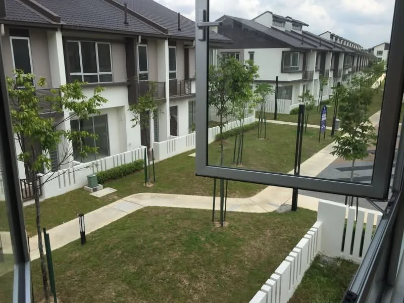 Exterior type: linked terrace house; features: manicured lawn, landscaped garden with young trees, paved walkway, white painted fence, two-storey linked terrace houses, balconies on upper floors, modern architectural design, surrounded by greenery; style: modern.