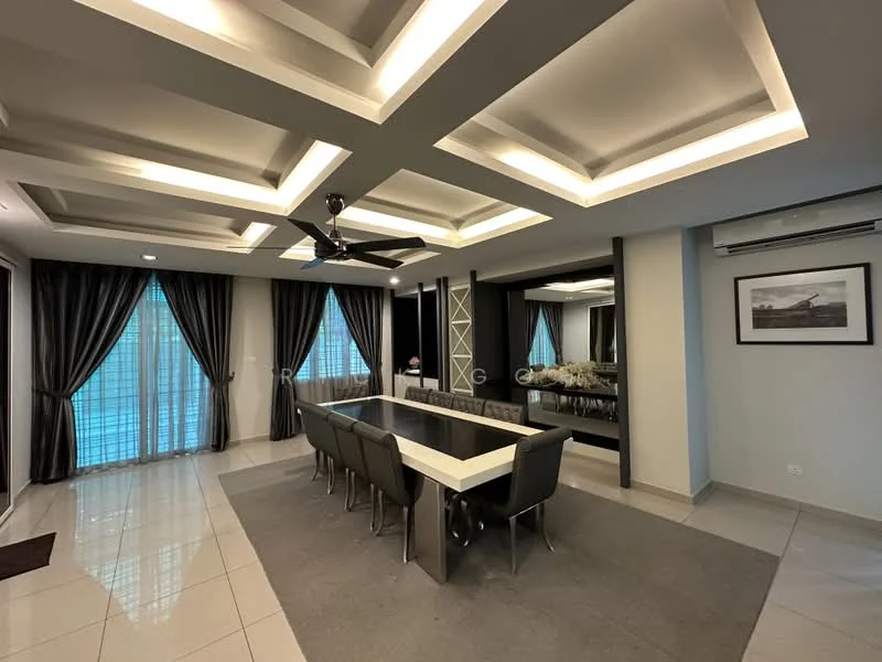Dining features: rectangular dining table, 8 upholstered dining chairs, grey area rug, recessed ceiling with LED lighting, 5-blade ceiling fan with light, floor-to-ceiling windows with sheer curtains, mirrored wall panel, decorative wall art; style: modern.