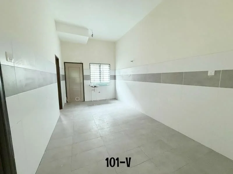 Room features: white painted walls, grey tiled accent wall, light grey floor tiles, single window with metal grille, door leading to another room, ceiling light fixture, no visible furniture or decor; style: minimalist.
