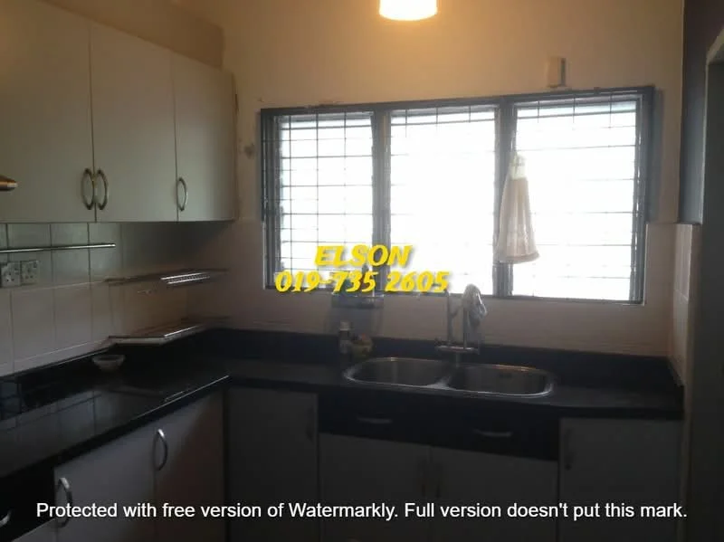 Kitchen features: double-bowl stainless-steel sink, chrome pull-down faucet, black granite countertop, white cabinetry with flat-panel doors, tile backsplash, wall-mounted window with grid pattern, overhead light fixture, ceramic tile flooring; style: modern.