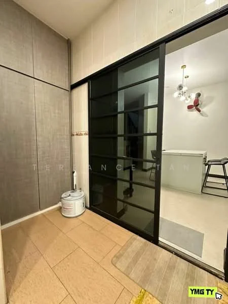Room features: sliding glass door, grey textured wall panels, cream tiled flooring, ceiling fan with 3 blades, white ceiling, light fixture, wall tiles with decorative border, storage cabinet; style: modern.