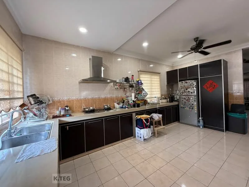Kitchen features: single-bowl stainless-steel sink, chrome pull-down faucet, granite countertop, dark wood cabinetry, built-in oven, freestanding range oven, stainless-steel fridge, ceramic tile flooring, recessed downlights, ceiling fan, window with sheer curtains, wall-mounted storage shelves, decorative wall art, kitchen island, open shelving; style: modern.