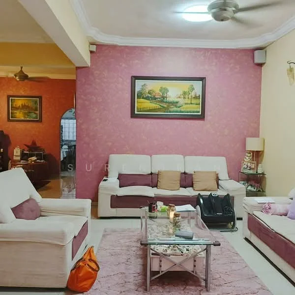 Living features: pink floral wallpaper, cream fabric sofa, 2-seater sofa, coffee table with glass top, area rug with geometric pattern, ceiling fan, framed artwork, decorative cushions, wall-mounted light fixture, tile flooring; style: modern.