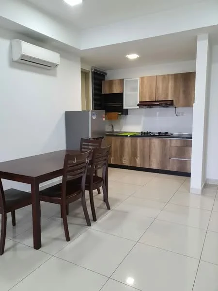 Kitchen features: white painted walls, glossy tile flooring, brown wooden cabinetry, stainless-steel sink, 4-burner gas hob, built-in oven, stainless-steel range hood, refrigerator, dining table with 4 chairs, wall-mounted split AC, ceiling light; style: modern.