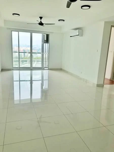 Living features: white painted walls, glossy porcelain tile flooring, 5-blade ceiling fan with light, 2 wall-mounted split AC units, floor-to-ceiling windows, city view, recessed downlights; style: modern; view: city.