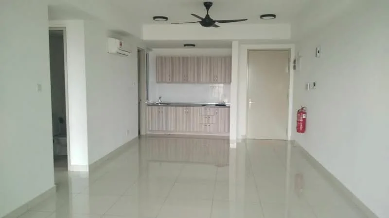 Living features: white painted walls, glossy ceramic tile flooring, 5-blade ceiling fan, wall-mounted split AC, kitchenette with wood cabinetry, stainless-steel sink, single-bowl stainless-steel sink, countertop with backsplash, fire extinguisher mounted on wall, door leading to unknown area; style: modern.