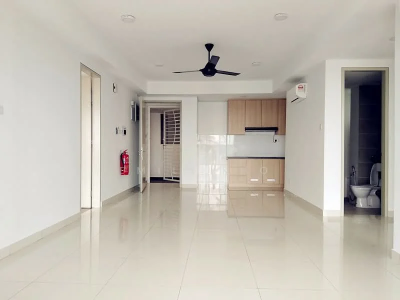 Living features: white painted walls, glossy ceramic tile flooring, 5-blade ceiling fan with light, wall-mounted air conditioning unit, kitchenette with wooden cabinetry, white backsplash, fire extinguisher mounted on wall, door leading to bathroom, door leading to hallway; style: modern.