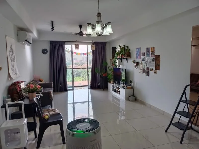 Living features: white painted walls, glossy tile flooring, 5-blade ceiling fan with light, recessed downlights, floor-to-ceiling windows, sliding glass door, curtains, TV console, wall-mounted TV, decorative wall art, indoor plants, sofa, coffee table, step ladder, air purifier; style: modern; view: garden.